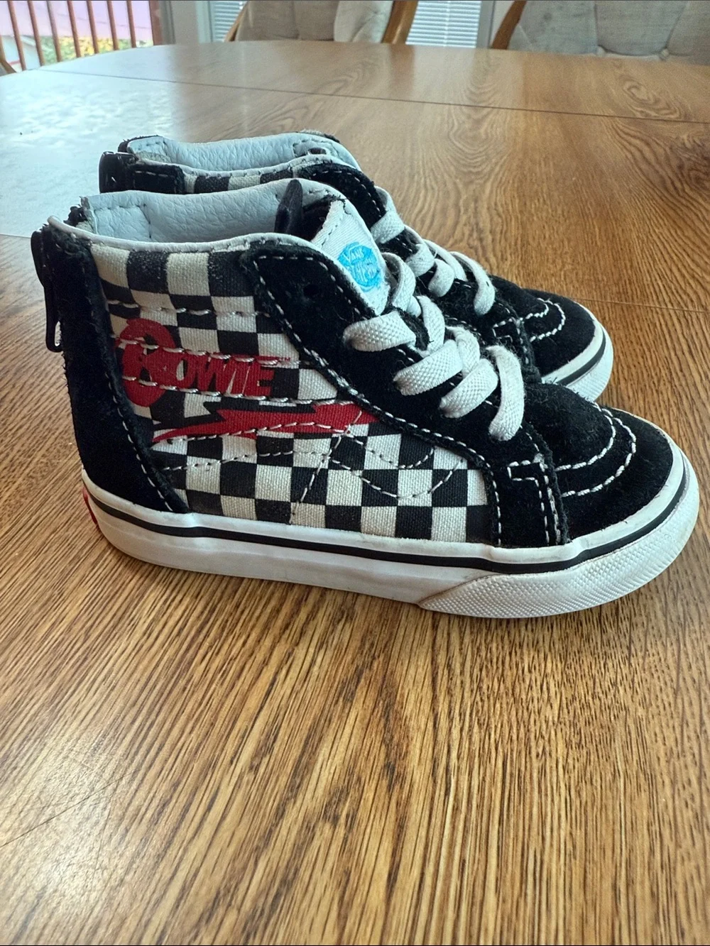 Vans x Bowie Kids Black & White Checkerboard High-Top Sneakers with Red Accent